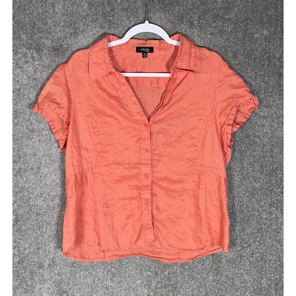 Rafaella Woman Linen Button Up Top Womens Size 1X Orange Coral Short Sleeve